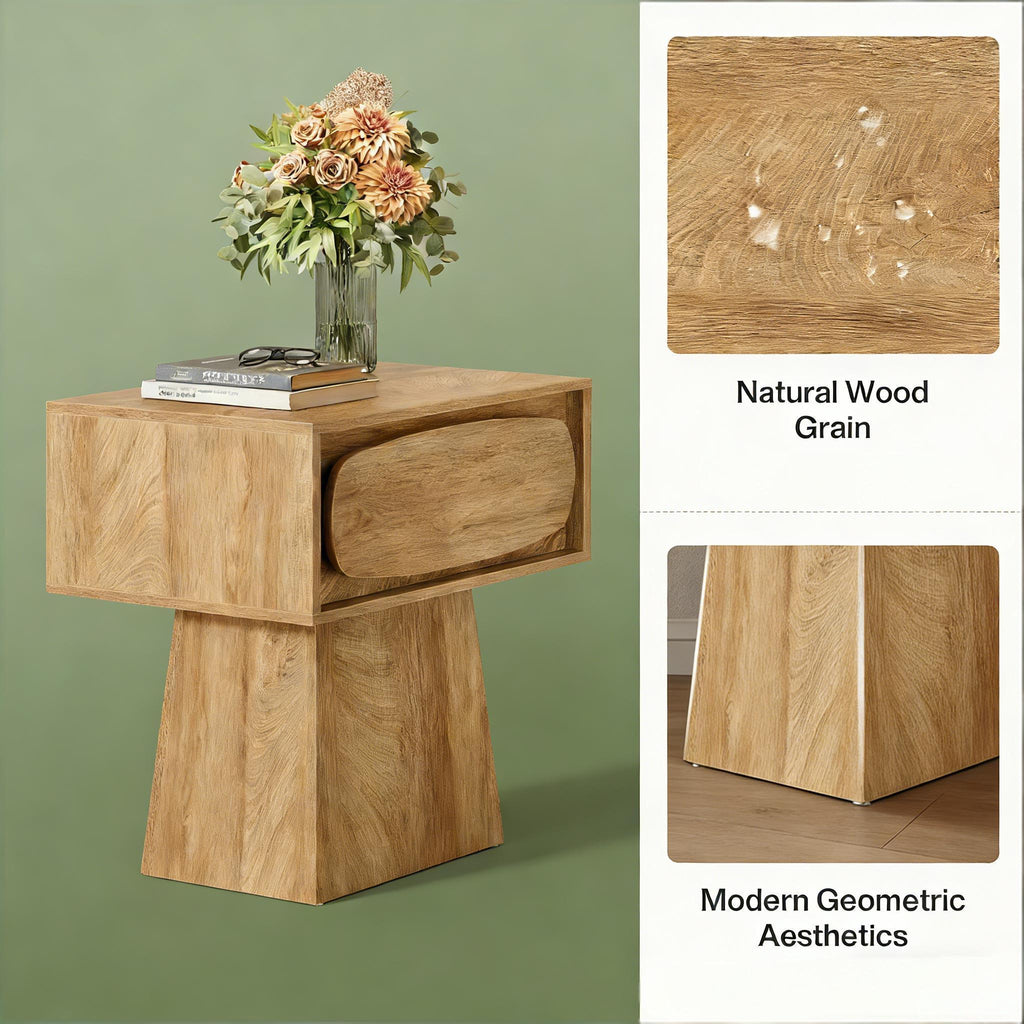 Handcrafted Wooden Side Table | Curved Drawer Design | Natural Wood Accent Table