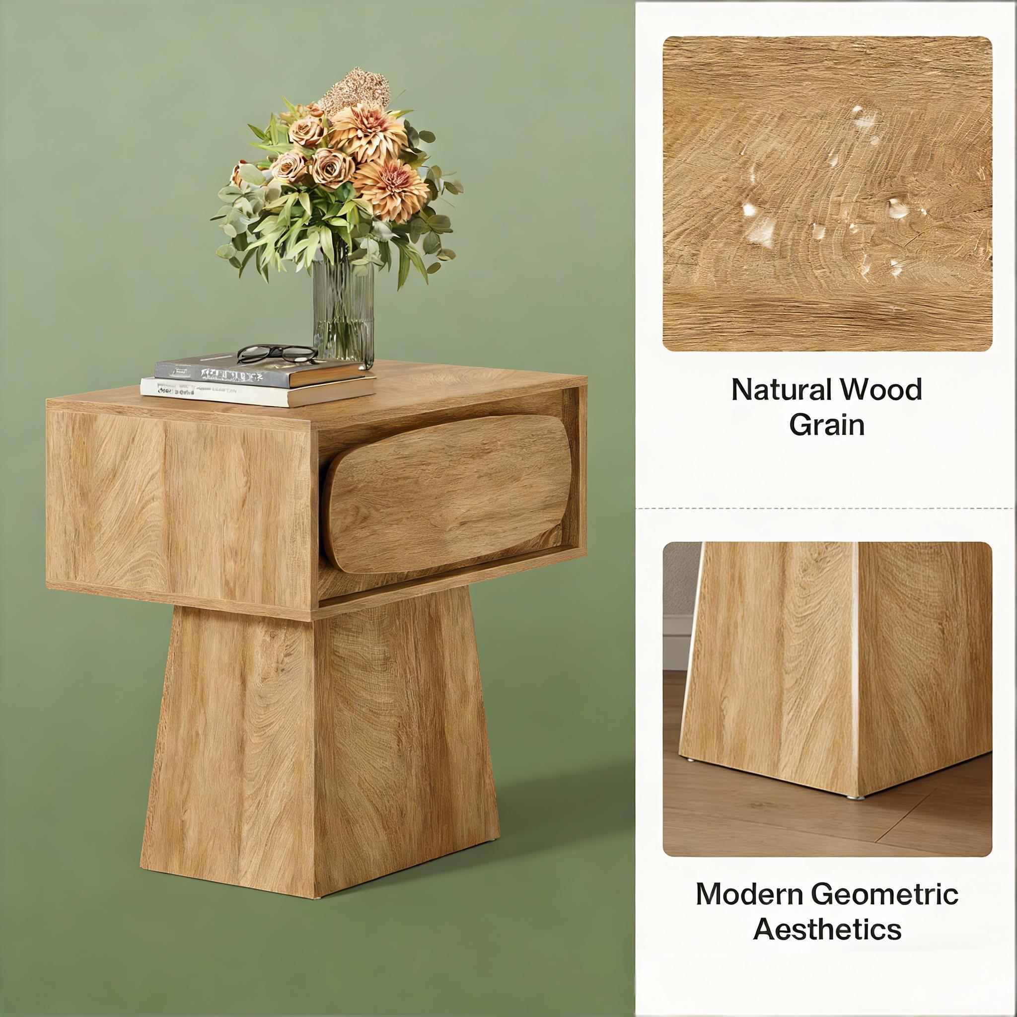 Handcrafted Wooden Side Table | Curved Drawer Design | Natural Wood Accent Table
