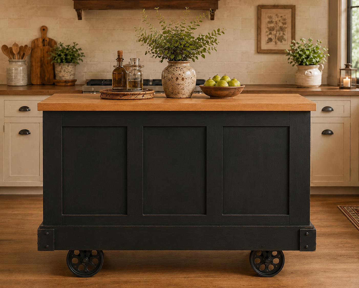 Industrial Style Trolley Car Kitchen Island with Vintage Cast Iron Wheels