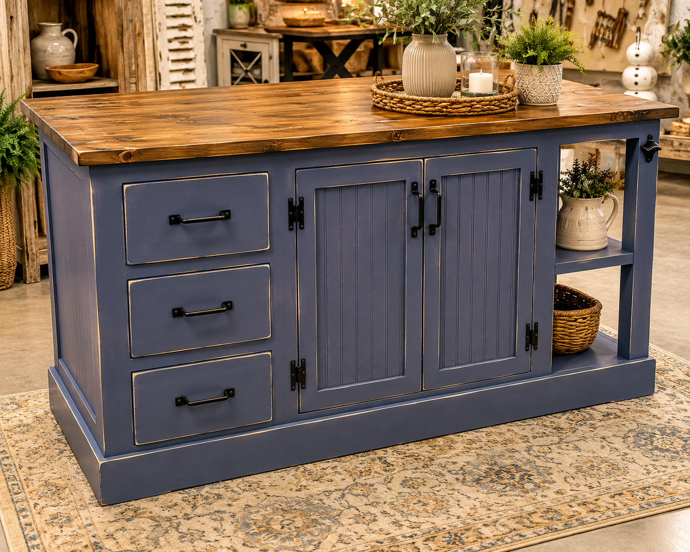 Beautiful Farmhouse Pass Through Solid Wood Kitchen Island with Storage