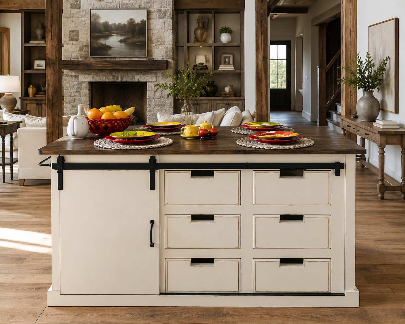 Kitchen Island with Sliding Barn Door — Industrial Farmhouse Wood