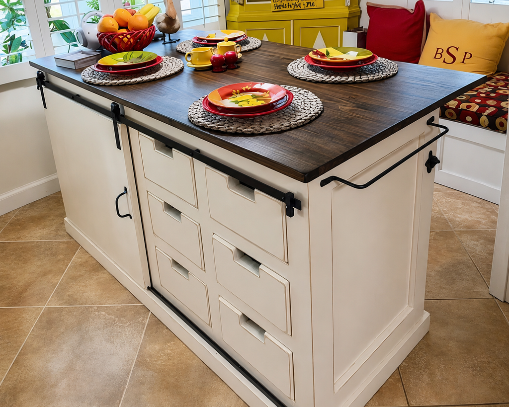 Kitchen Island with Sliding Barn Door — Industrial Farmhouse Wood