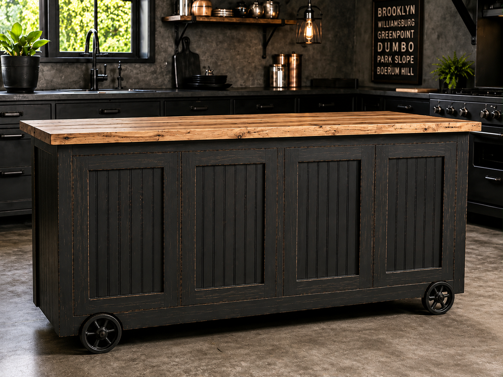 UW 11 Custom Industrial Kitchen Island, Distressed Black Finish, Tin Panel Doors, Wood Top & Locking Wheels