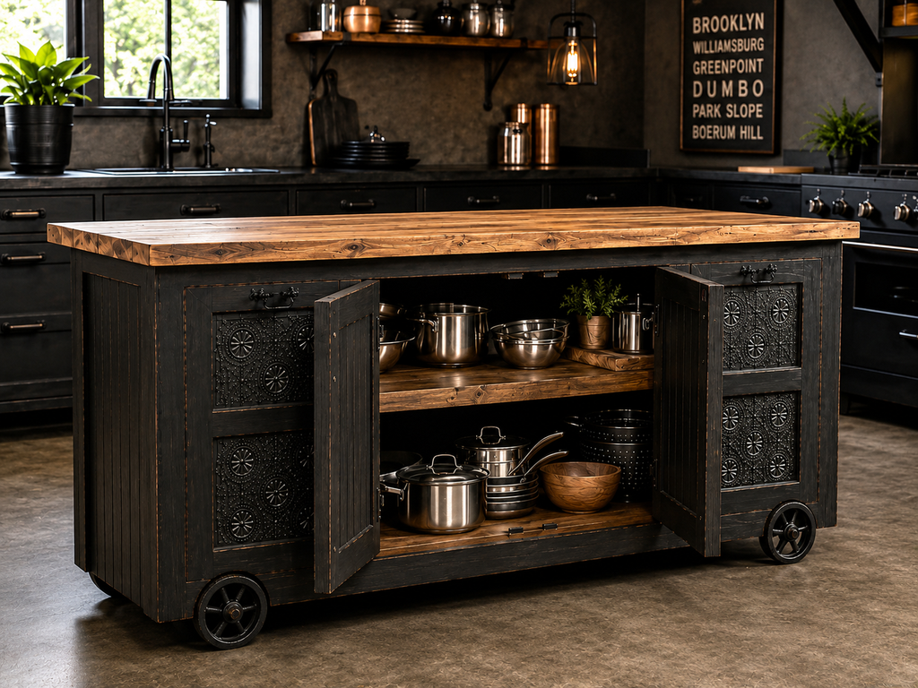 UW 11 Custom Industrial Kitchen Island, Distressed Black Finish, Tin Panel Doors, Wood Top & Locking Wheels