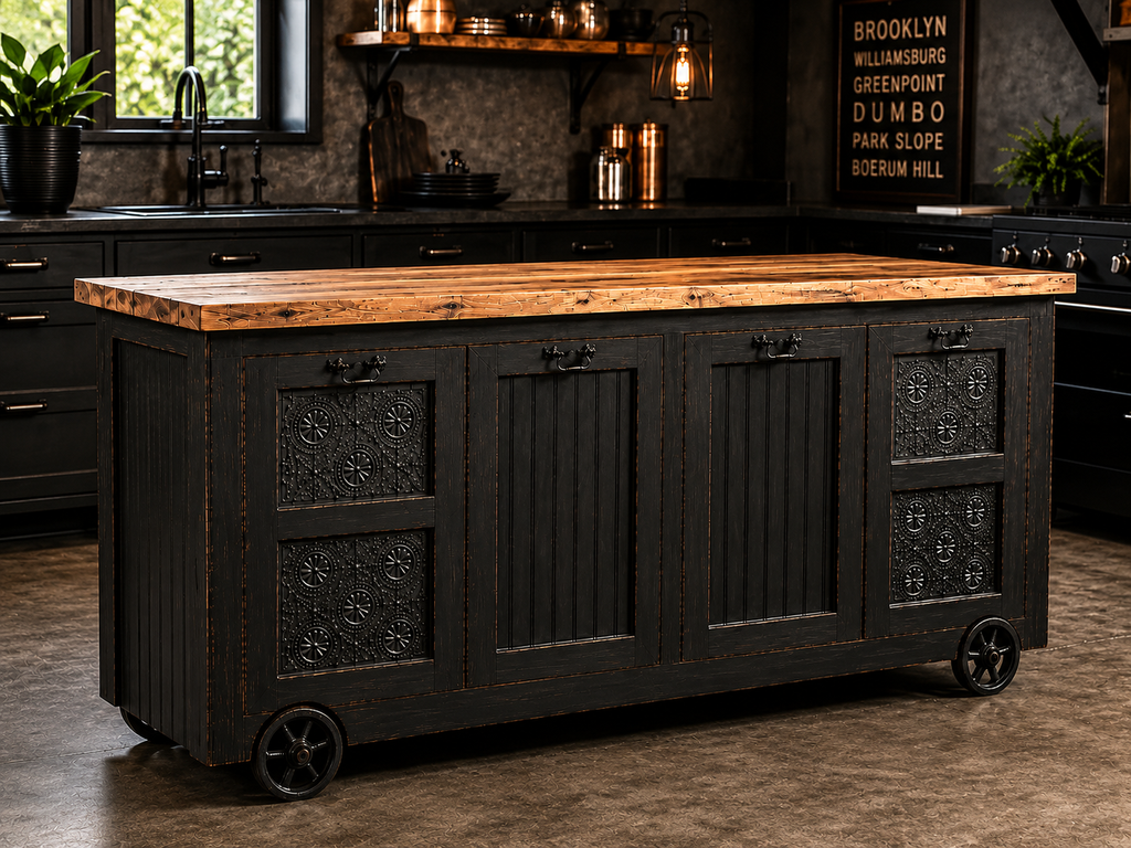 UW 11 Custom Industrial Kitchen Island, Distressed Black Finish, Tin Panel Doors, Wood Top & Locking Wheels