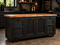 UW 11 Custom Industrial Kitchen Island, Distressed Black Finish, Tin Panel Doors, Wood Top & Locking Wheels