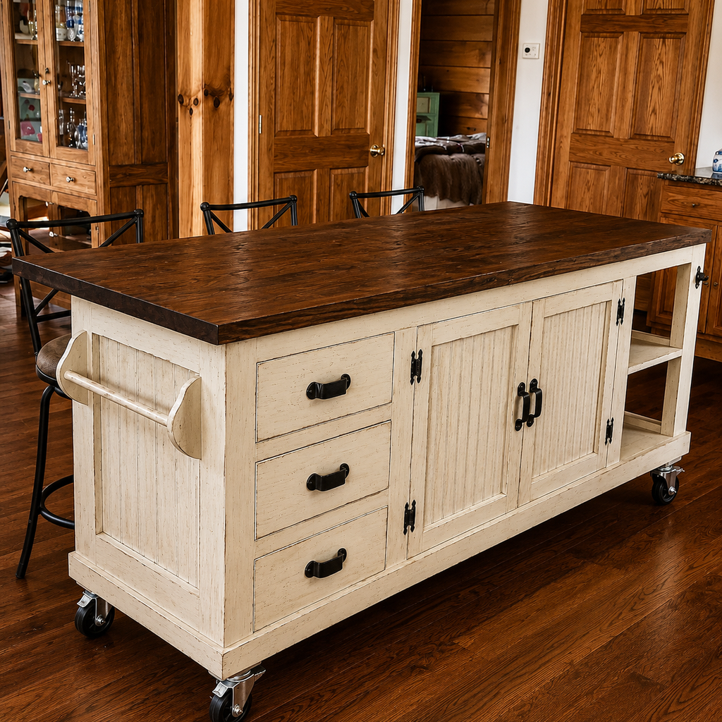 Custom Farmhouse Kitchen Island with Seating, Dark Walnut Top, Distressed Cream Finish, Storage & Locking Casters