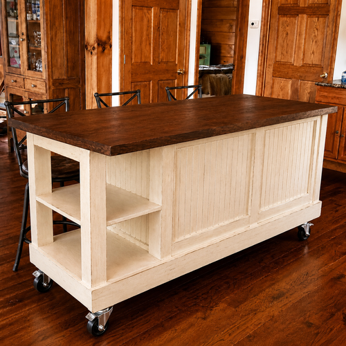 Custom Farmhouse Kitchen Island with Seating, Dark Walnut Top, Distressed Cream Finish, Storage & Locking Casters