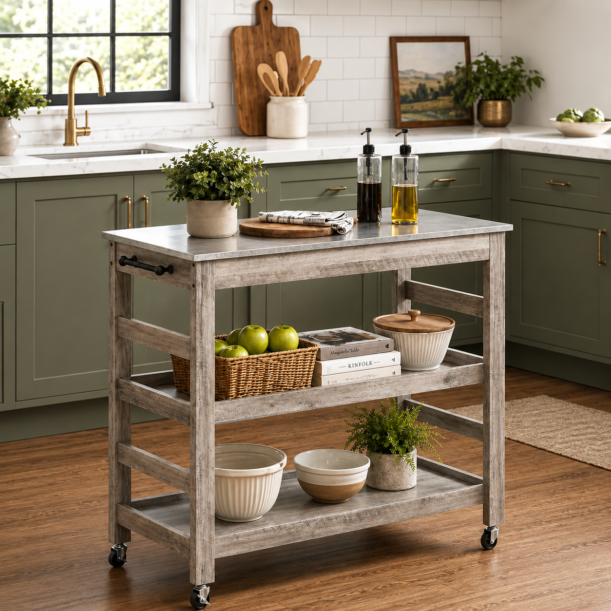 Rolling Kitchen Utility Cart with Stainless Steel Top