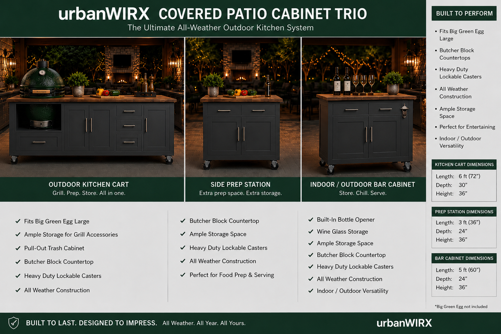 Covered Patio Server Cart with Butcher Block Top | Rolling Grill Prep Cart/Entertaining Station