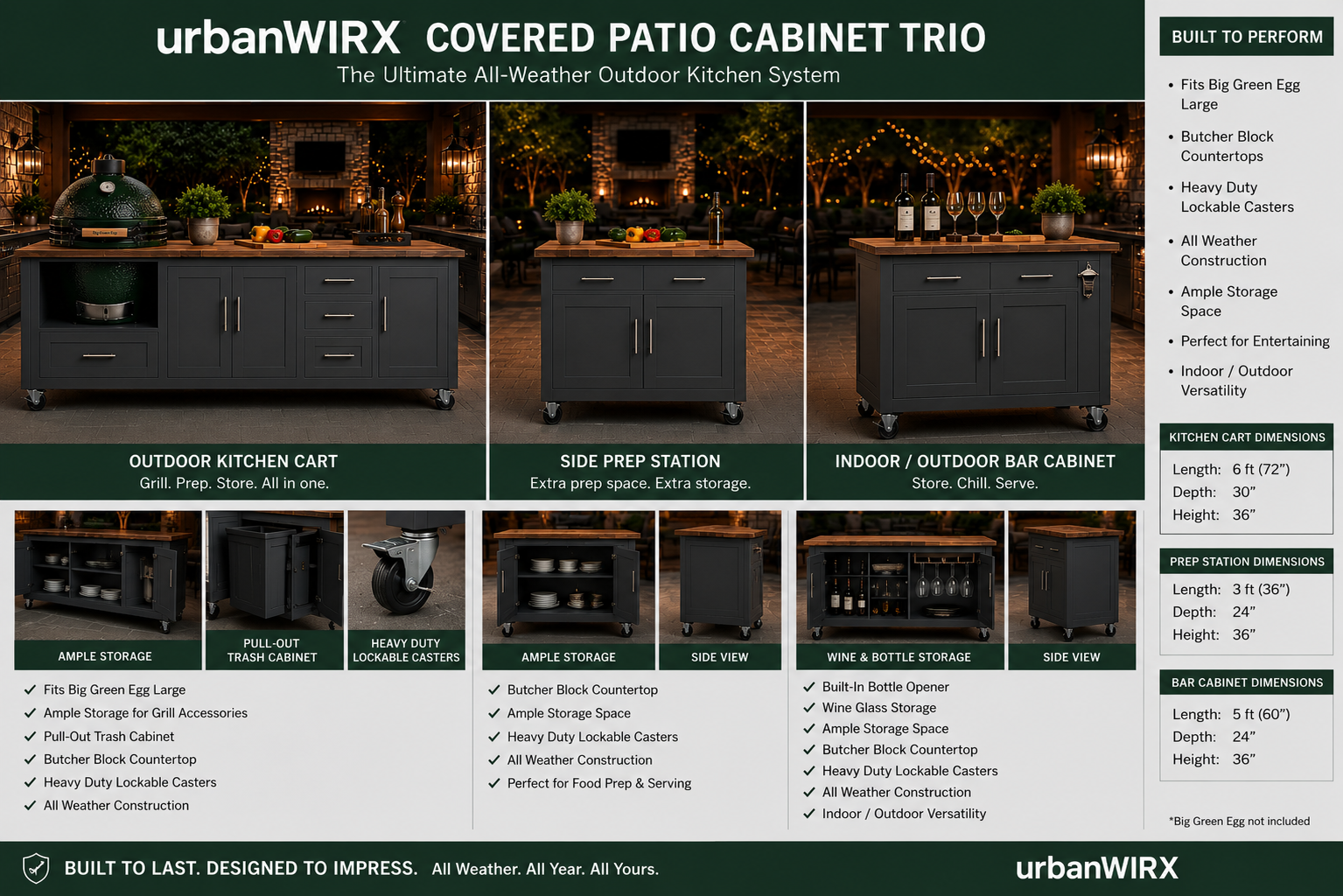 Covered Patio Server Cart with Butcher Block Top | Rolling Grill Prep Cart/Entertaining Station