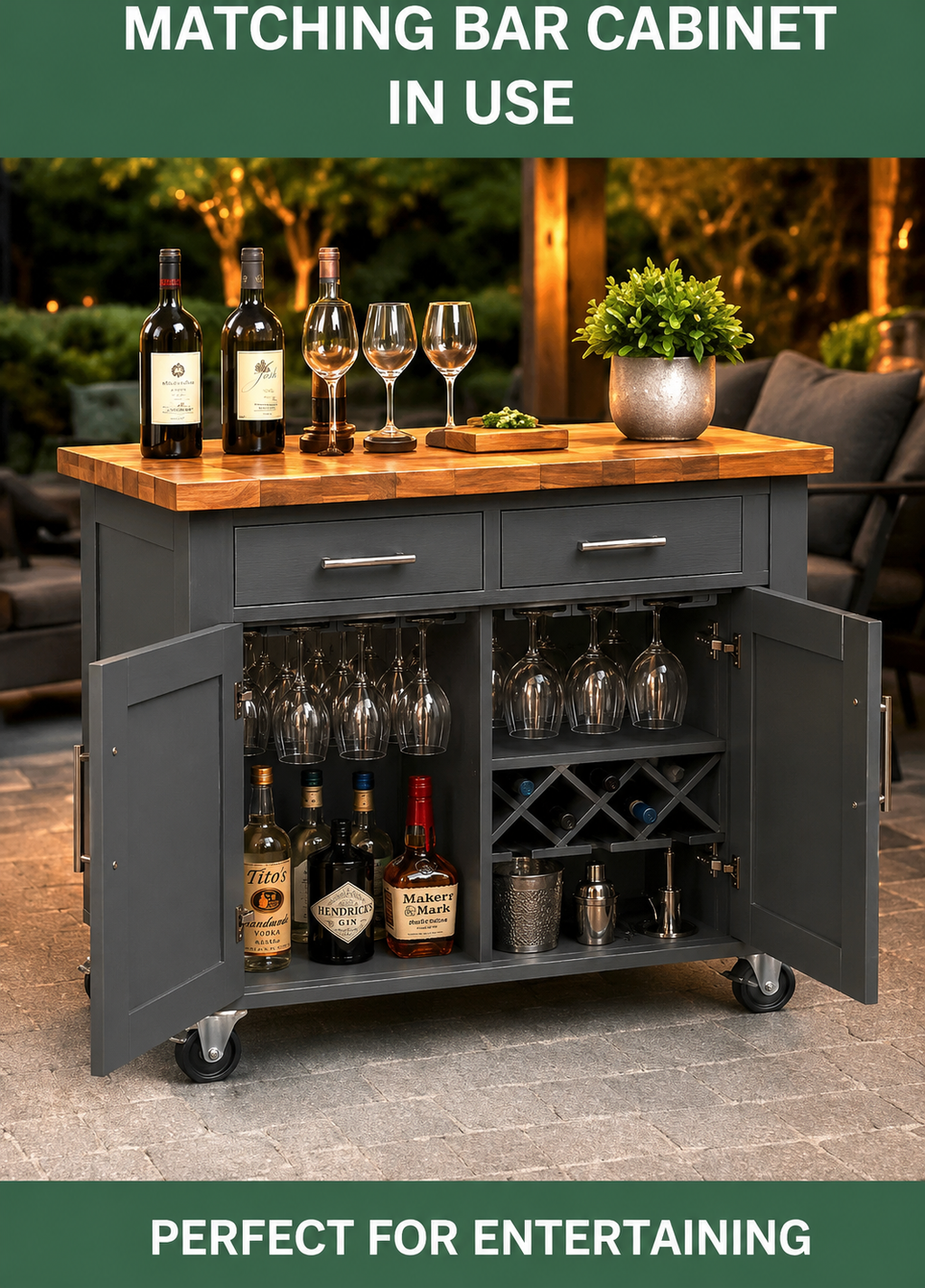 Outdoor Covered Patio Bar Cabinet with Wine Rack