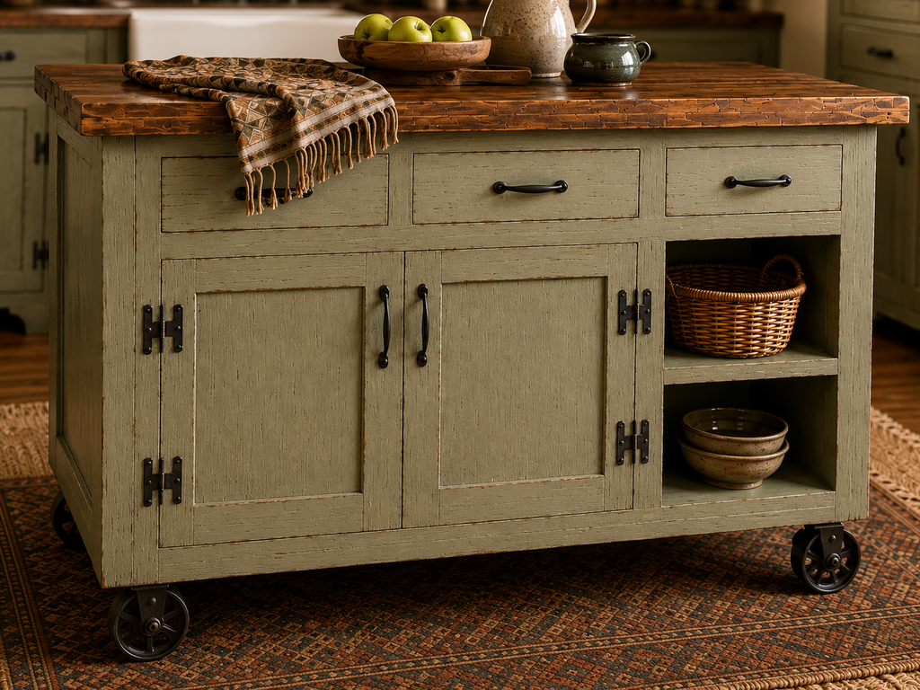 Custom Kitchen Island, Farmhouse Kitchen with Seating, Sage Kitchen Island on Lockable Casters