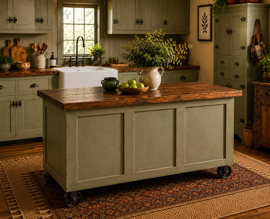 Custom Kitchen Island, Farmhouse Kitchen with Seating, Sage Kitchen Island on Lockable Casters