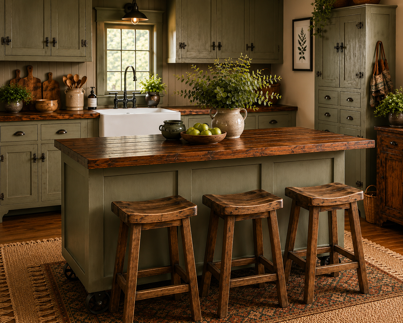 Custom Kitchen Island, Farmhouse Kitchen with Seating, Sage Kitchen Island on Lockable Casters