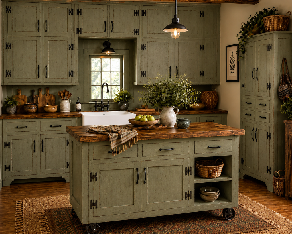 Custom Kitchen Island, Farmhouse Kitchen with Seating, Sage Kitchen Island on Lockable Casters