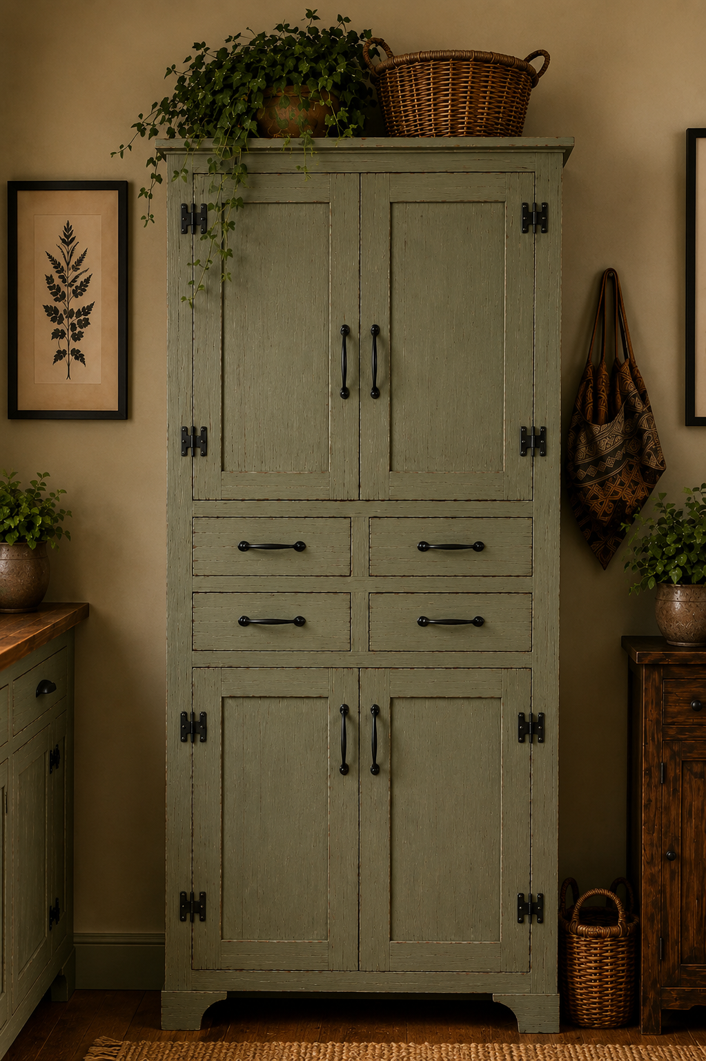 Custom Kitchen Island, Farmhouse Kitchen with Seating, Sage Kitchen Island on Lockable Casters