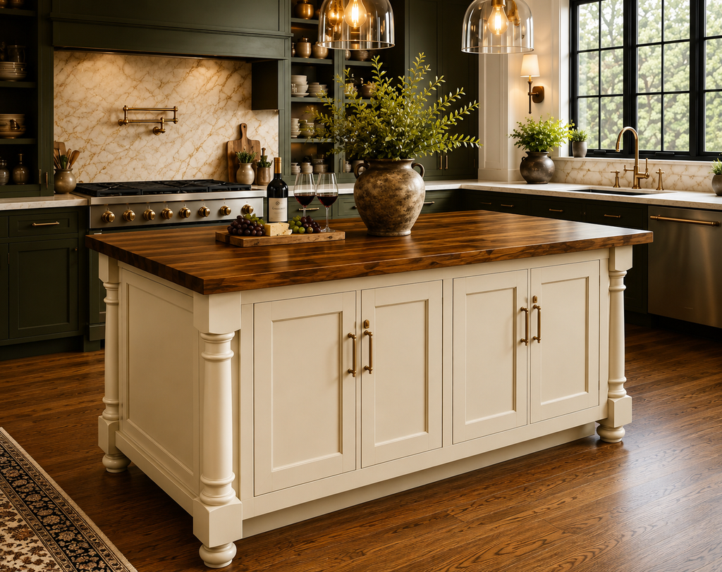 Custom Kitchen Island, Walnut Stained Hardwood Plank or Butcher Block Top, Kitchen Island with Storage
