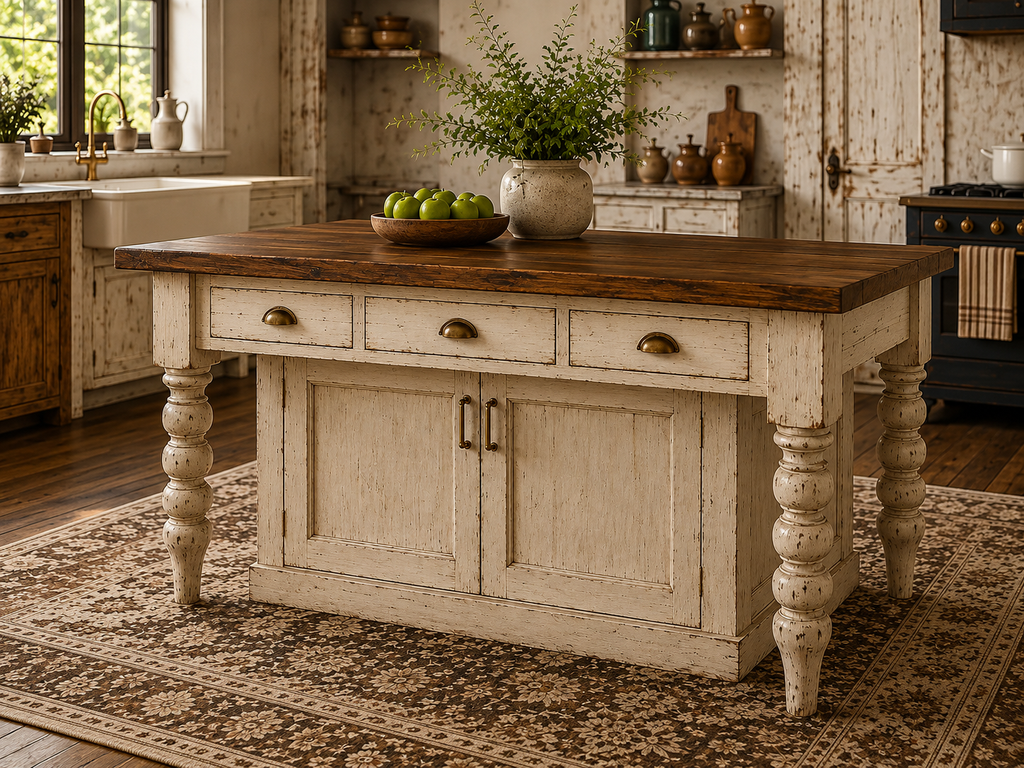 Farmhouse Kitchen Island/Table with Seating Area. Distressed Alabaster Island with Storage.