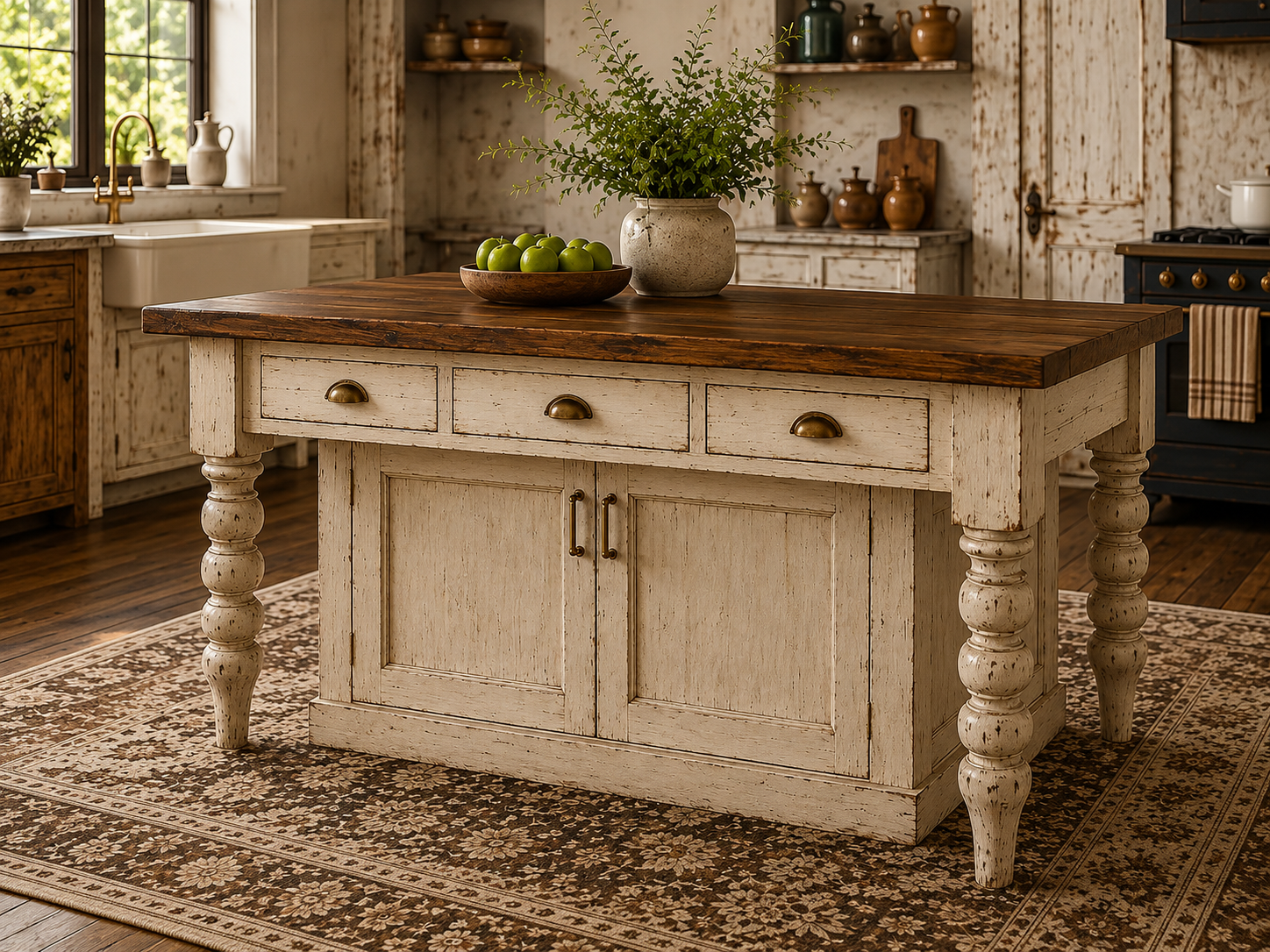 Farmhouse Kitchen Island/Table with Seating Area. Distressed Alabaster Island with Storage.
