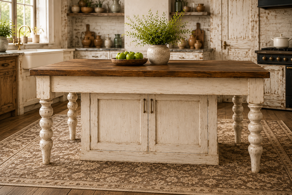 Farmhouse Kitchen Island/Table with Seating Area. Distressed Alabaster Island with Storage.