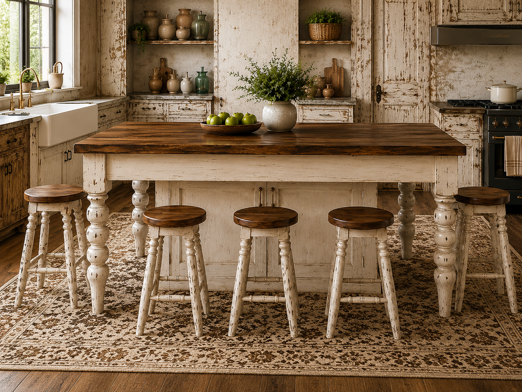 Farmhouse Kitchen Island/Table with Seating Area. Distressed Alabaster Island with Storage.