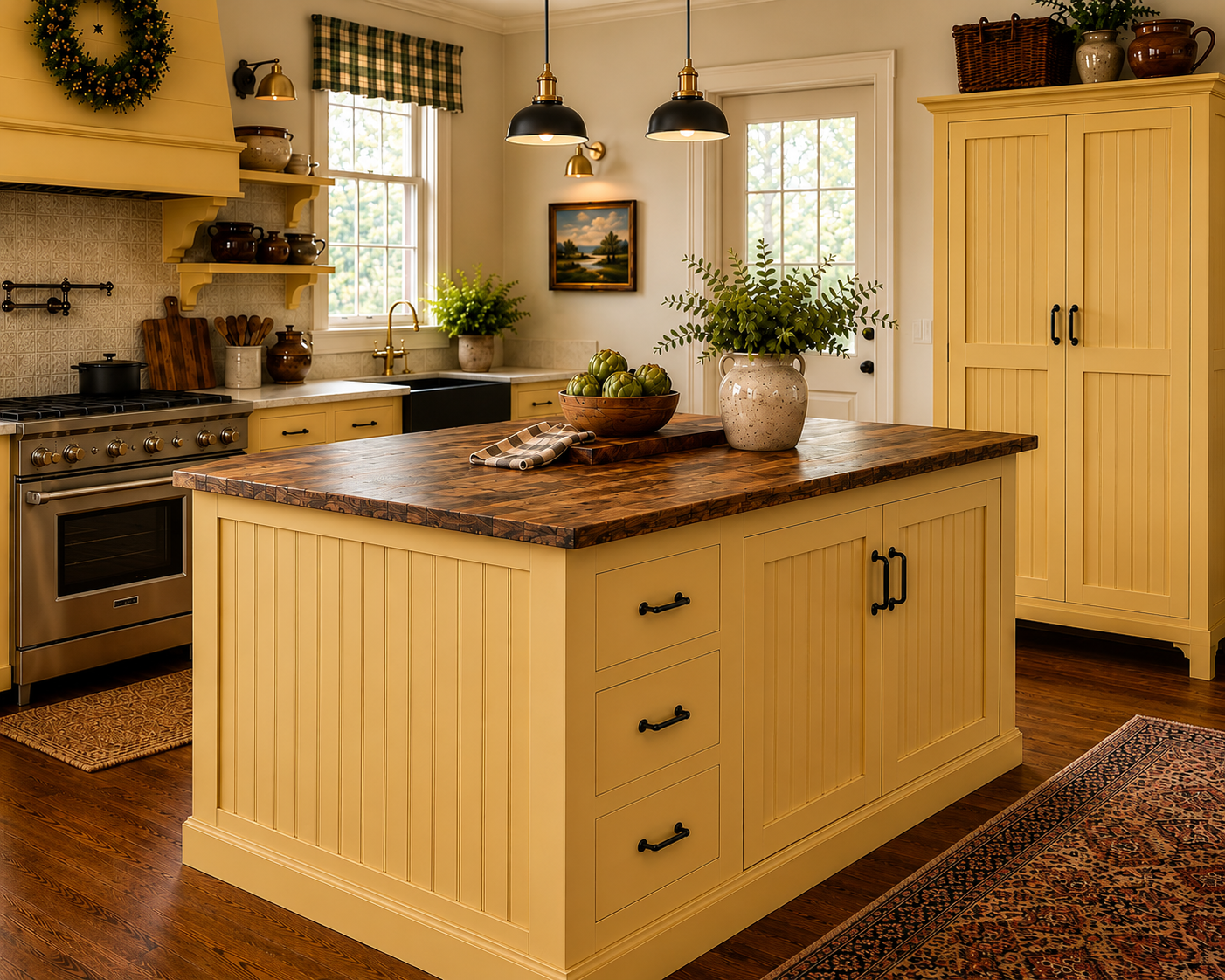 Custom Farmhouse Style Kitchen Island with Storage. Optional Matching Pantry.