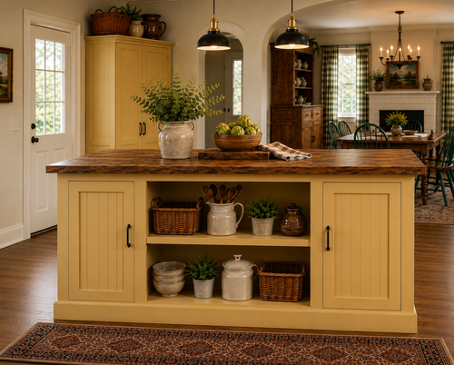 Custom Farmhouse Style Kitchen Island with Storage. Optional Matching Pantry.