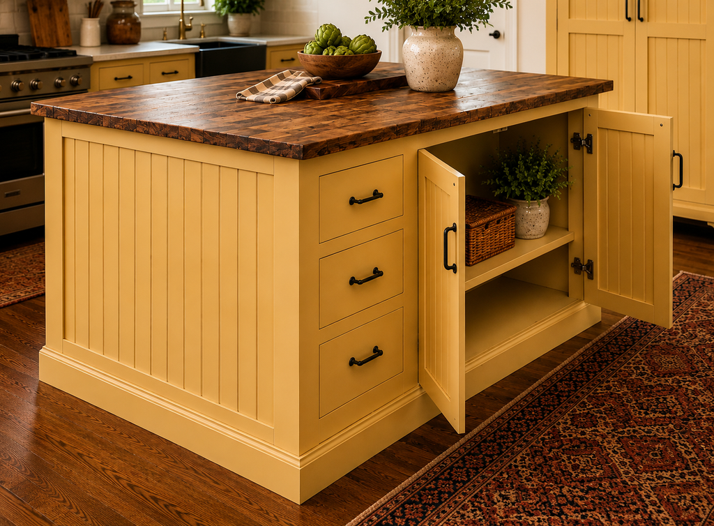 Custom Farmhouse Style Kitchen Island with Storage. Optional Matching Pantry.