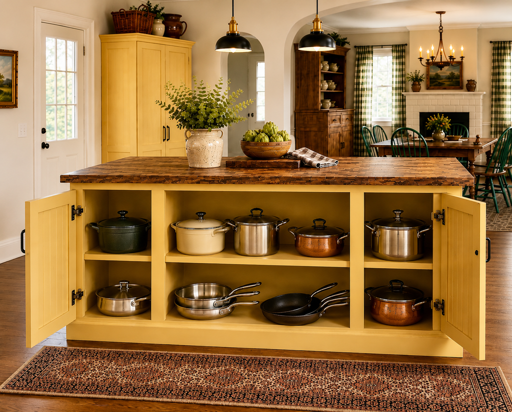 Custom Farmhouse Style Kitchen Island with Storage. Optional Matching Pantry.