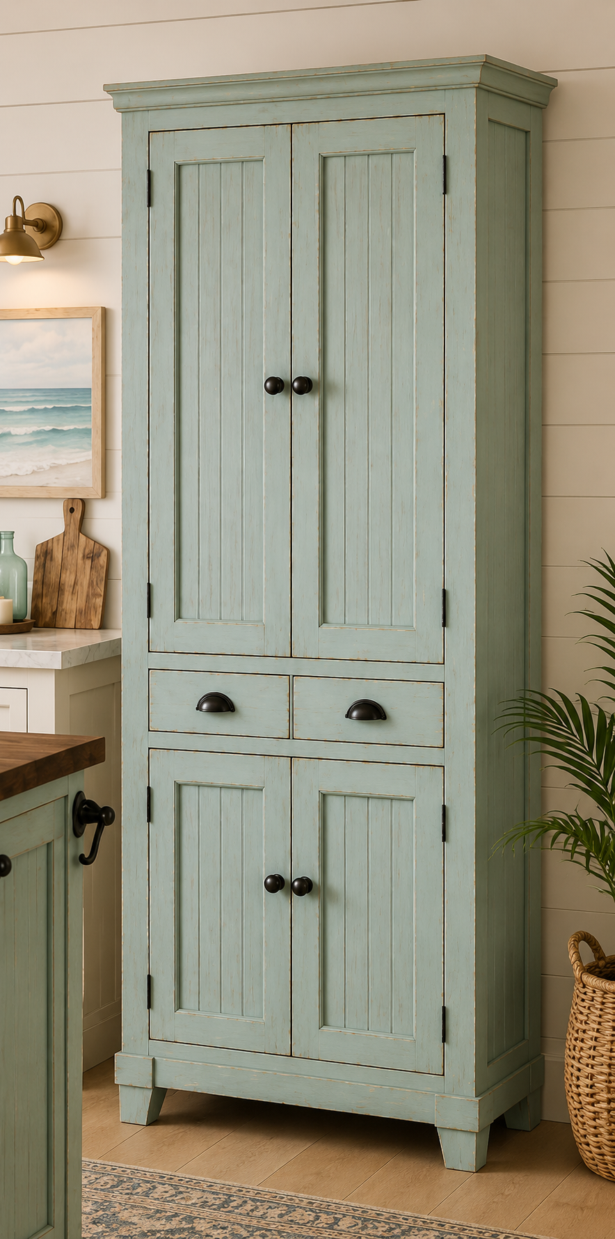 Distressed Coastal Kitchen Island, Beach Cottage Cart Island