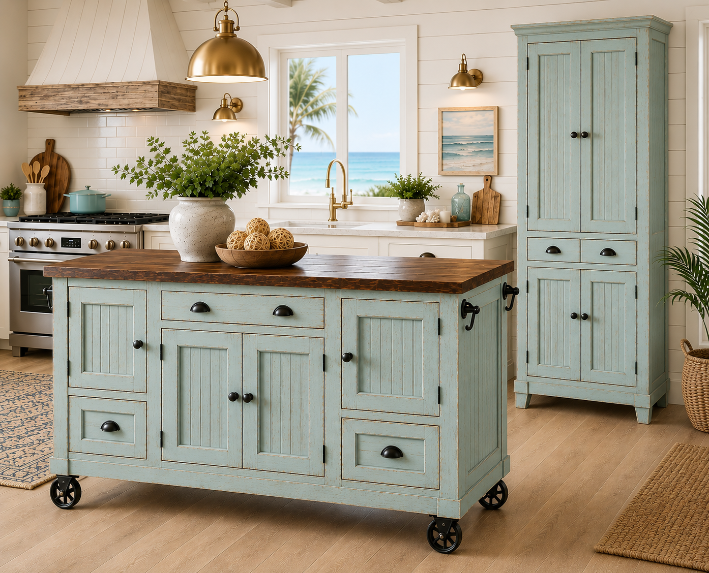 Distressed Coastal Kitchen Island, Beach Cottage Cart Island