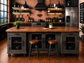 Rustic Industrial Kitchen Island with Wine Rack, Glass Storage Open Shelving & Walnut Stained Plank Top