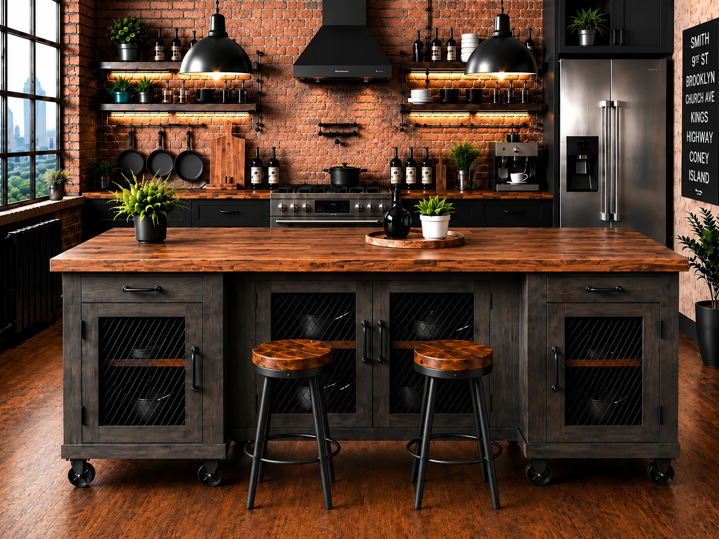 Rustic Industrial Kitchen Island with Wine Rack, Glass Storage Open Shelving & Walnut Stained Plank Top