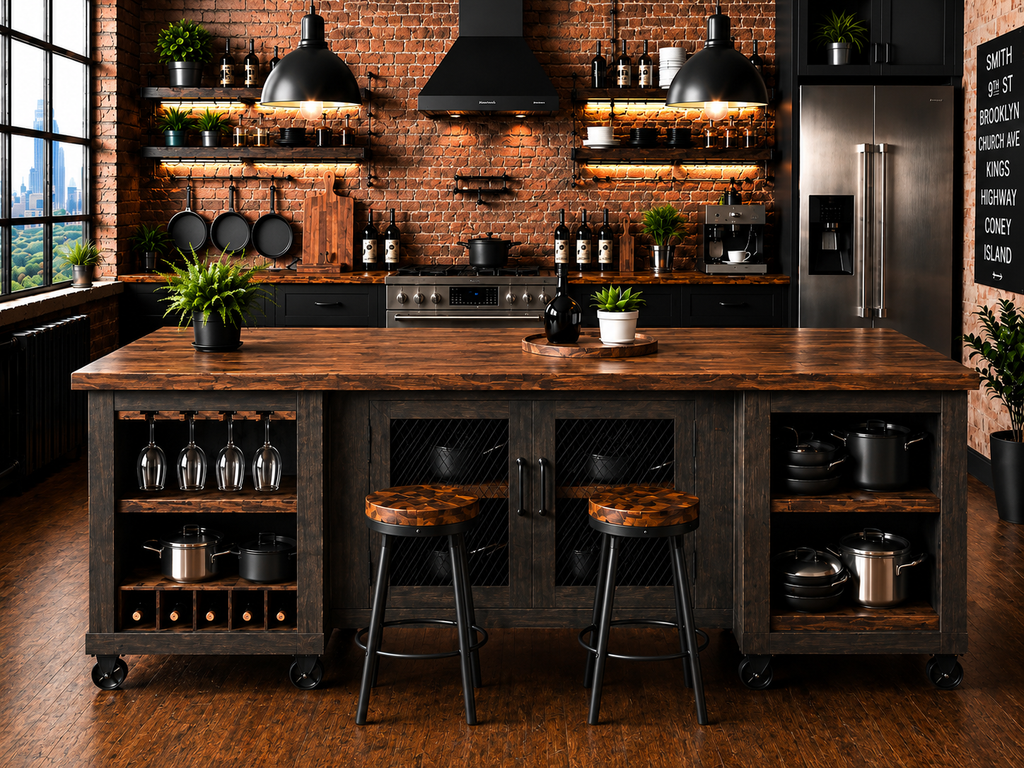 Rustic Industrial Kitchen Island with Wine Rack, Glass Storage Open Shelving & Walnut Stained Plank Top