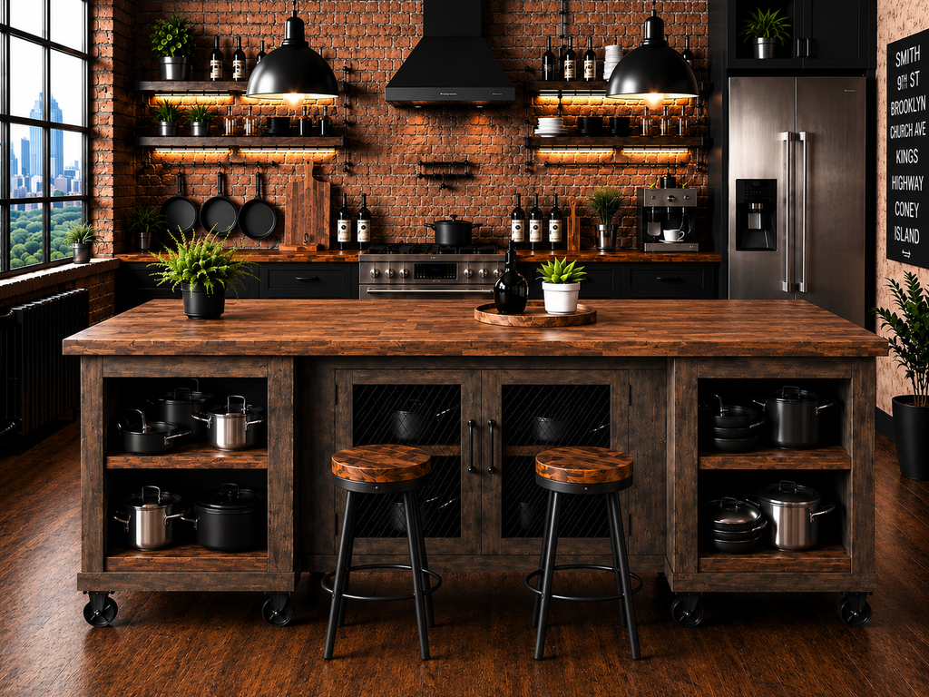 Rustic Industrial Kitchen Island with Wine Rack, Glass Storage Open Shelving & Walnut Stained Plank Top