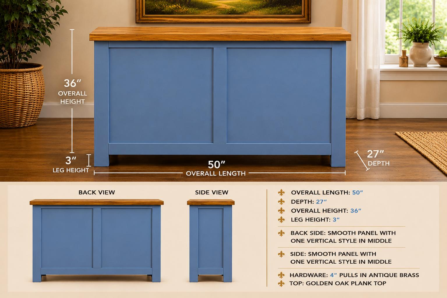 Handcrafted 50" Custom Kitchen Island | Solid Wood | Farmhouse Style