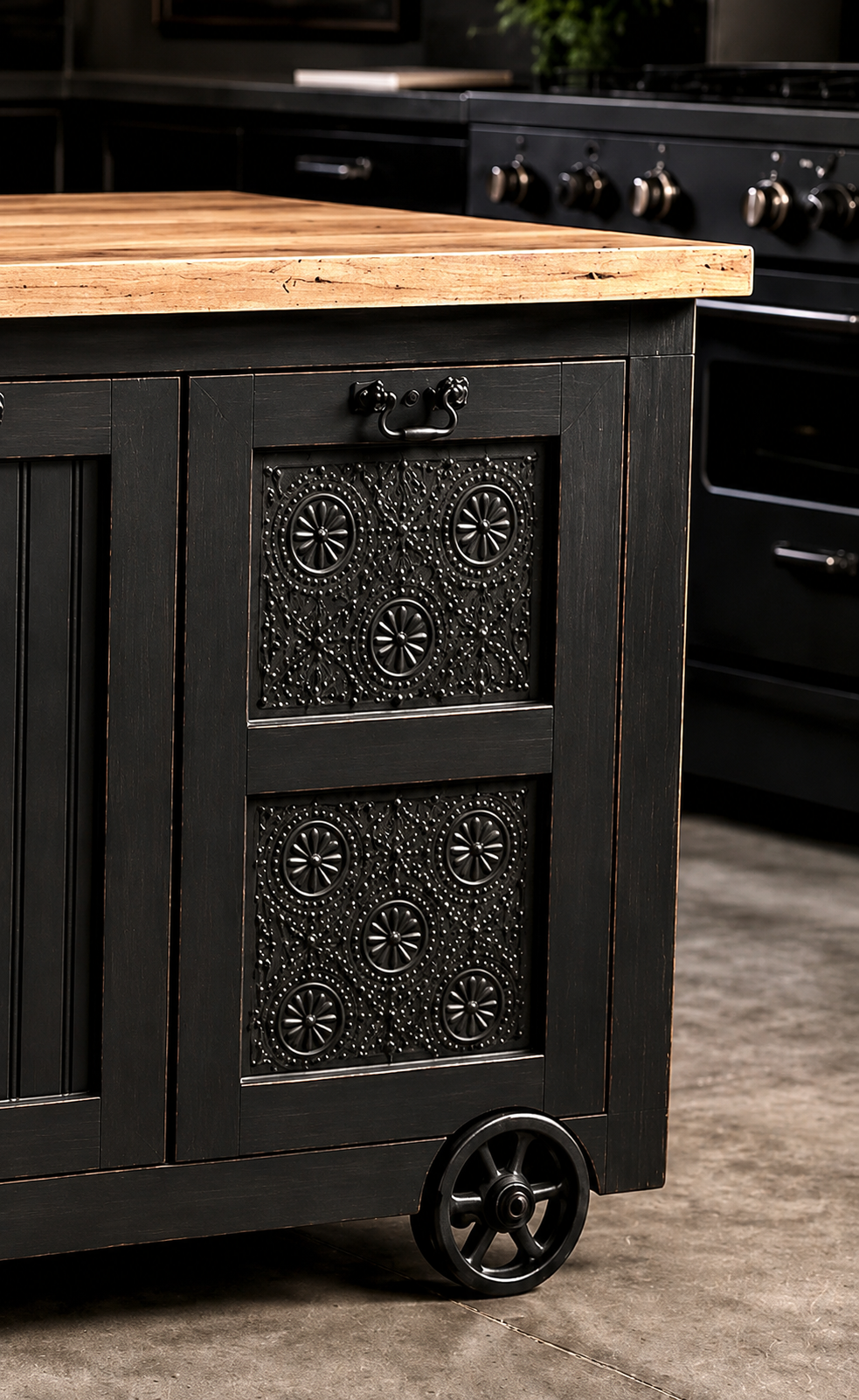 UW 11 Custom Industrial Kitchen Island, Distressed Black Finish, Tin Panel Doors, Wood Top & Locking Wheels