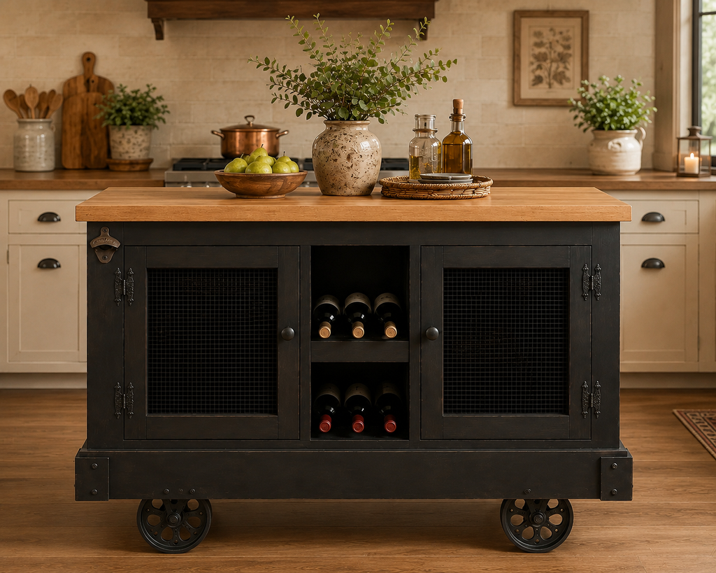 Industrial Style Trolley Car Kitchen Island with Vintage Cast Iron Wheels