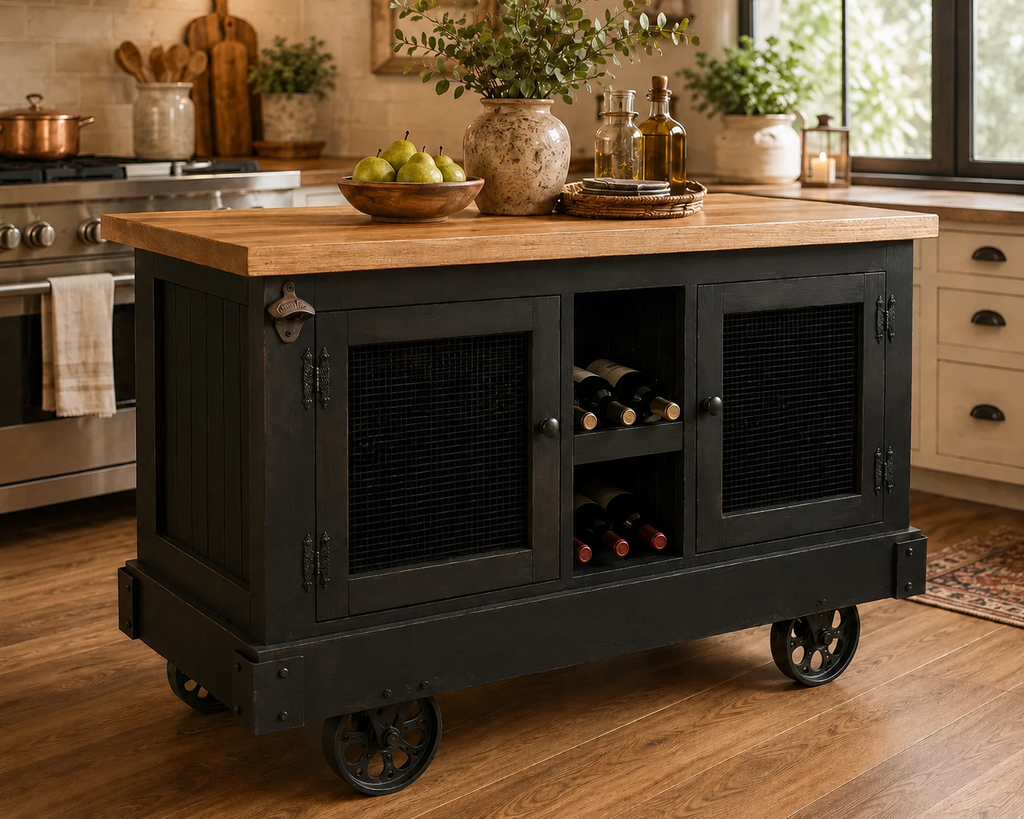 Industrial Style Trolley Car Kitchen Island with Vintage Cast Iron Wheels