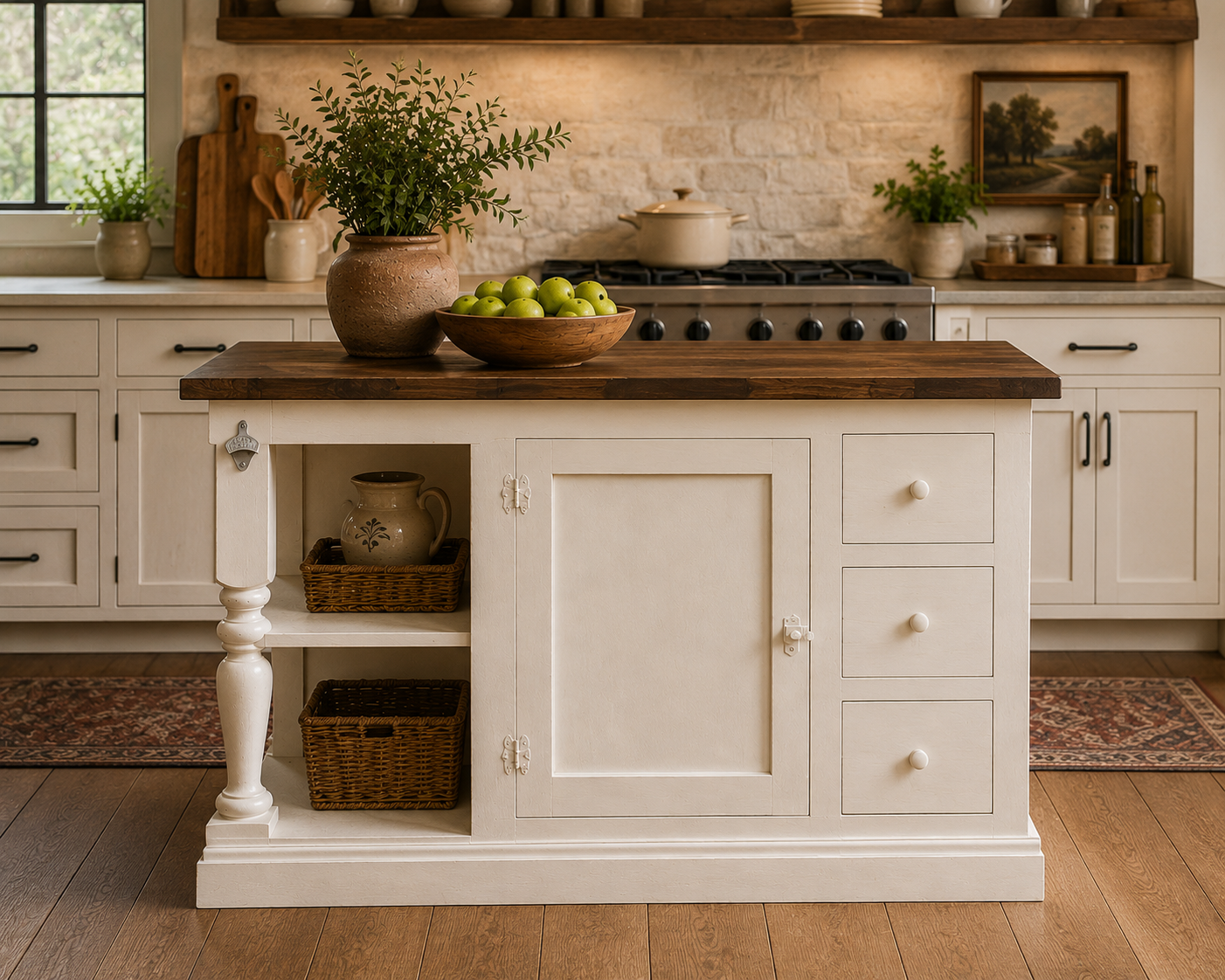 Rustic Farmhouse Three Drawer Kitchen Island with Storage Cabinet & Display Shelf