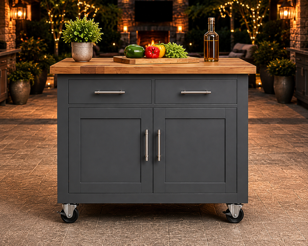 Covered Patio Server Cart with Butcher Block Top | Rolling Grill Prep Cart/Entertaining Station