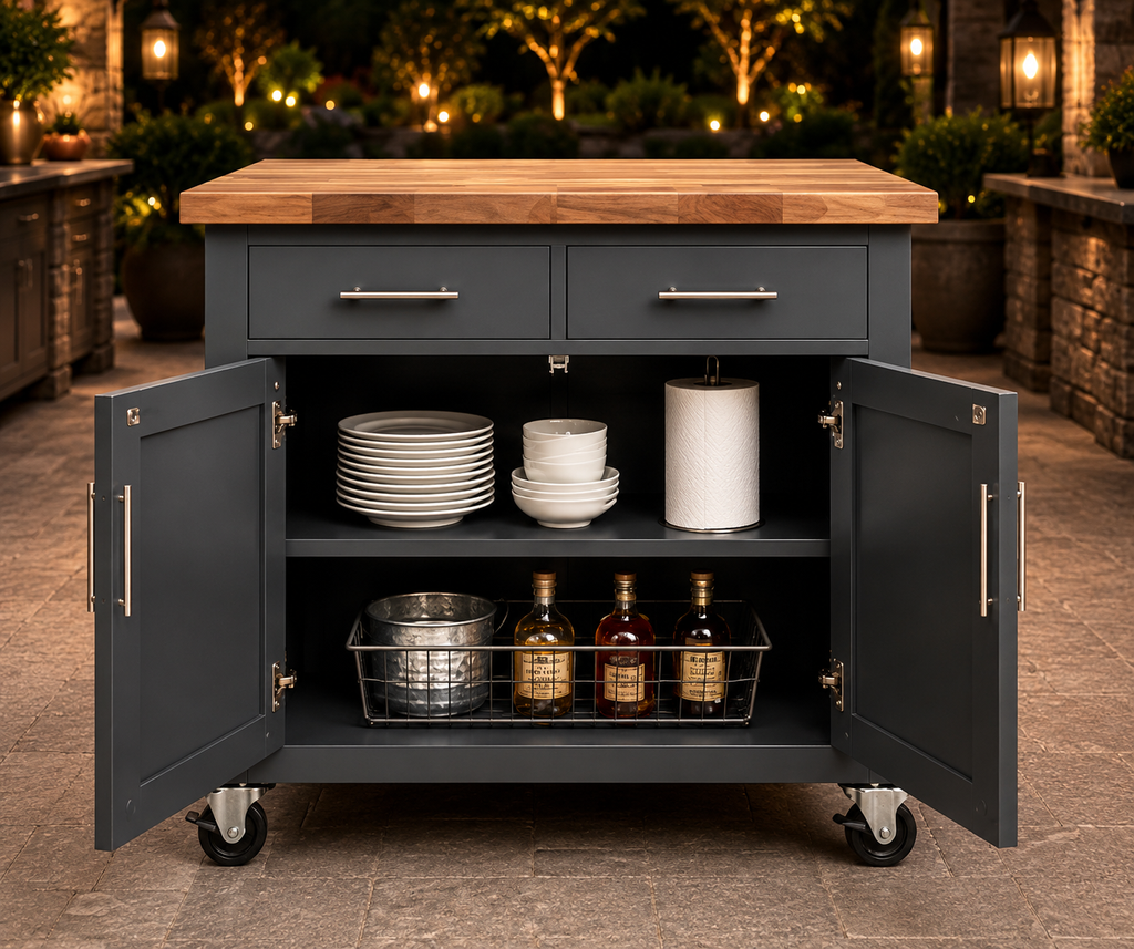 Covered Patio Server Cart with Butcher Block Top | Rolling Grill Prep Cart/Entertaining Station