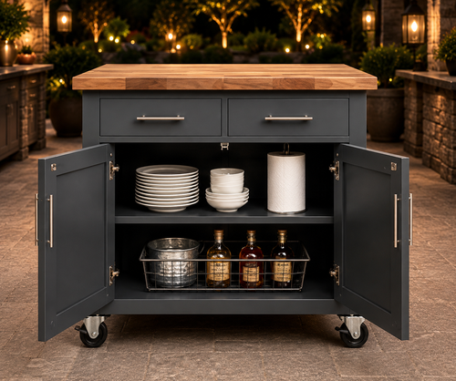 Covered Patio Server Cart with Butcher Block Top | Rolling Grill Prep Cart/Entertaining Station