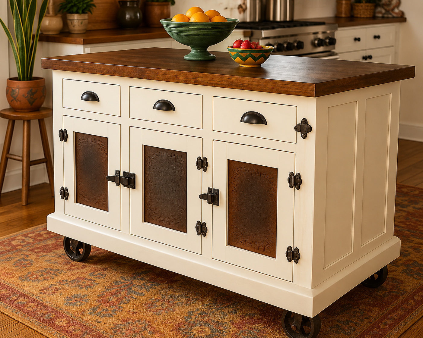Beautiful Industrial Farmhouse Solid Wood Antique White & Aged Nickel Kitchen Island