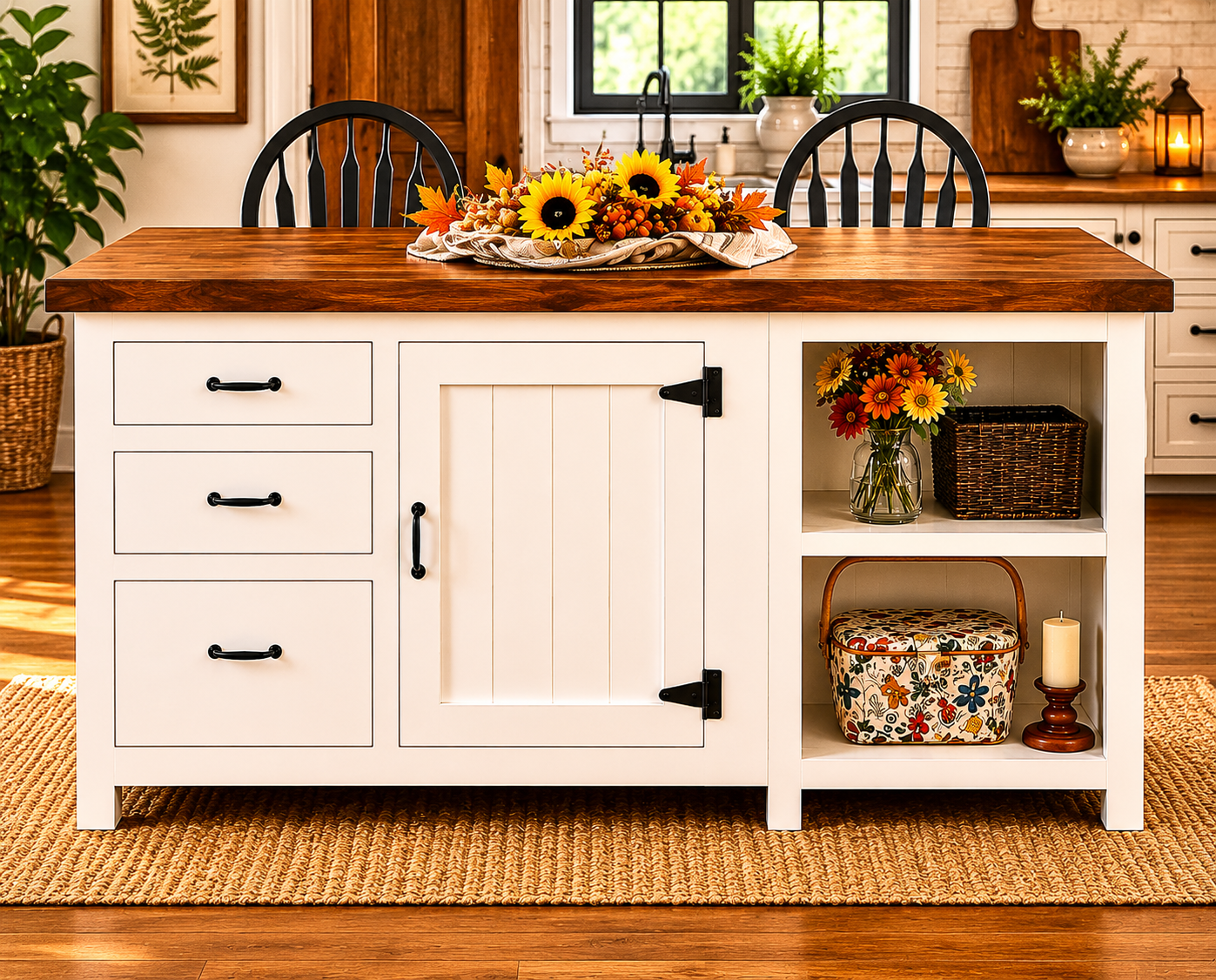 Rustic Farmhouse Kitchen Island – Handmade Storage Island with Smooth Panel or Charming Beadboard Detail