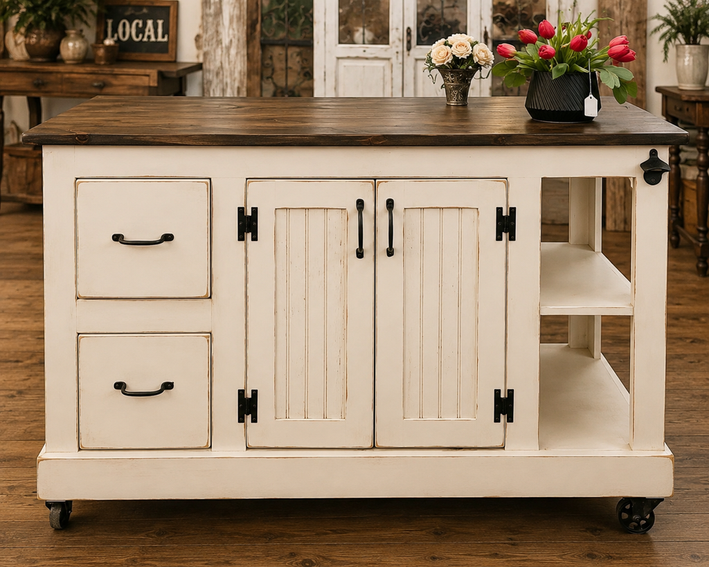 Kitchen Island Design – 2 Drawer Island Cart with Storage & Open Shelves