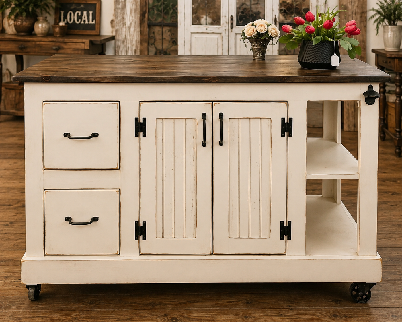 Kitchen Island Design – 2 Drawer Island Cart with Storage & Open Shelves