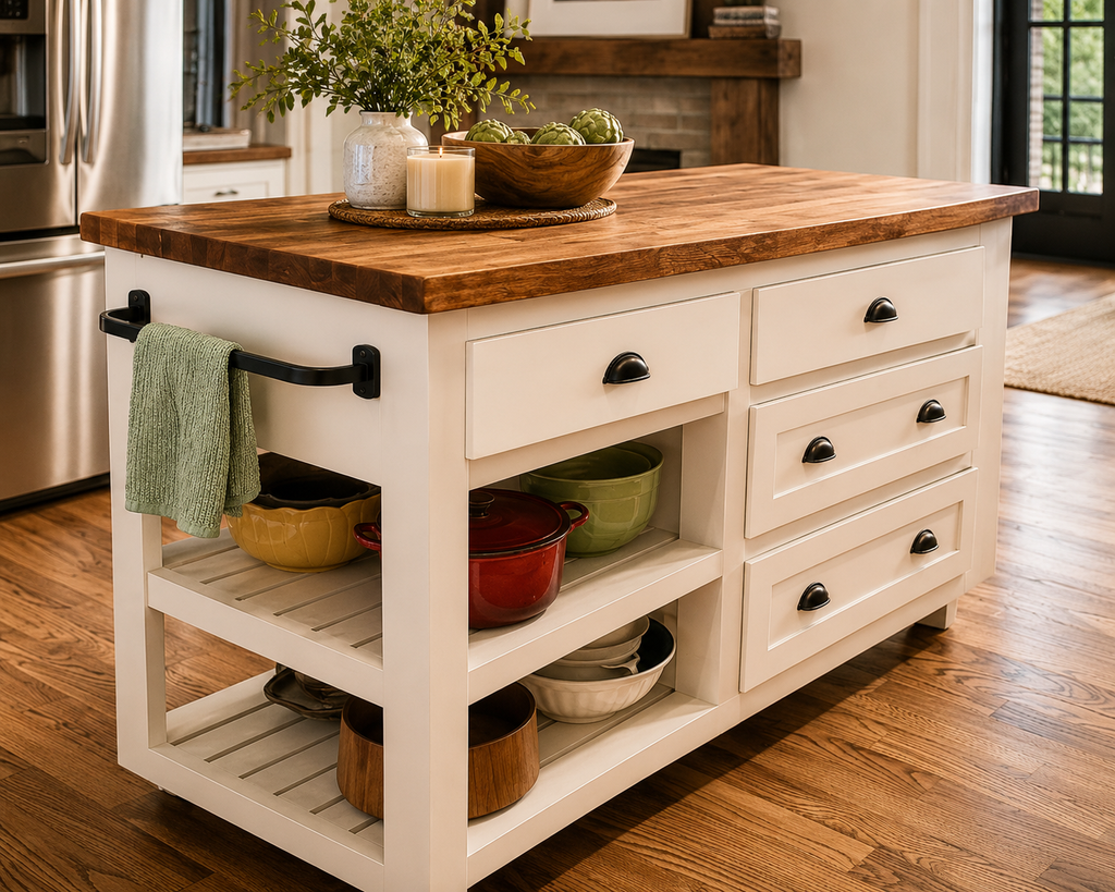 Solid Wood Kitchen Island – Urban & Farmhouse Style with Shelf and Drawer Storage