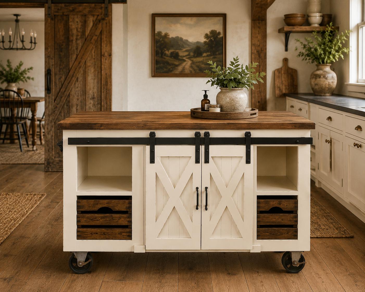 Kitchen Island Design – Sliding Barn Door Farmhouse Industrial